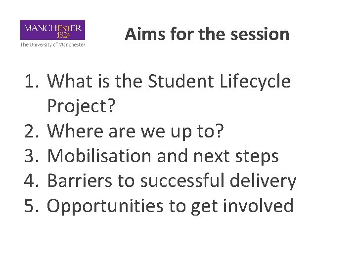 Aims for the session 1. What is the Student Lifecycle Project? 2. Where are