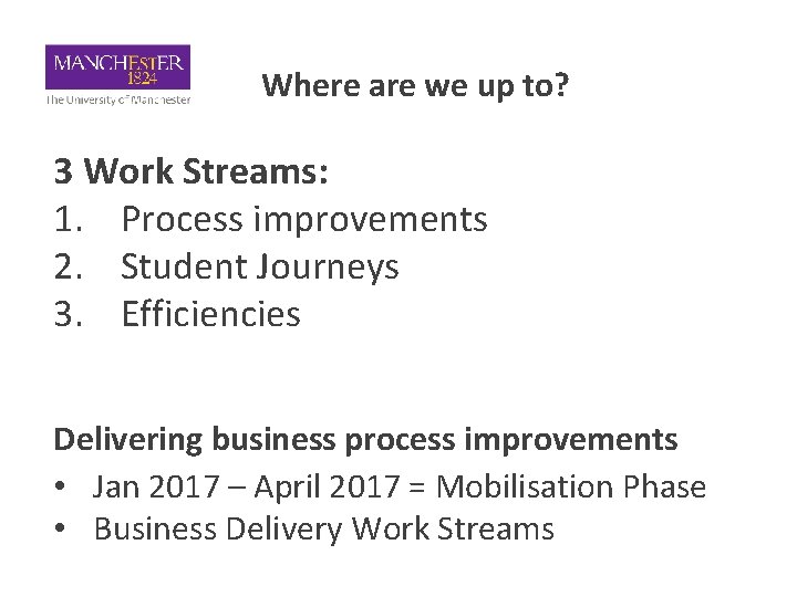 Where are we up to? 3 Work Streams: 1. Process improvements 2. Student Journeys