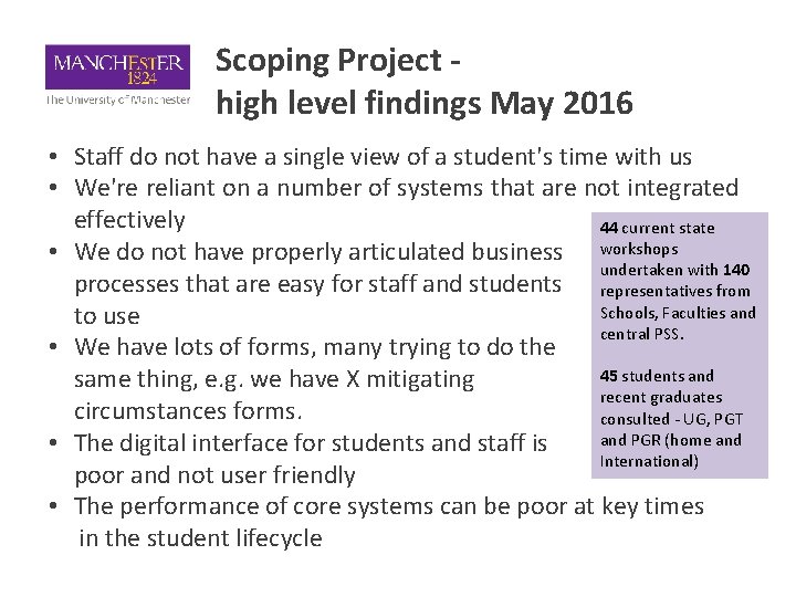Scoping Project high level findings May 2016 • Staff do not have a single