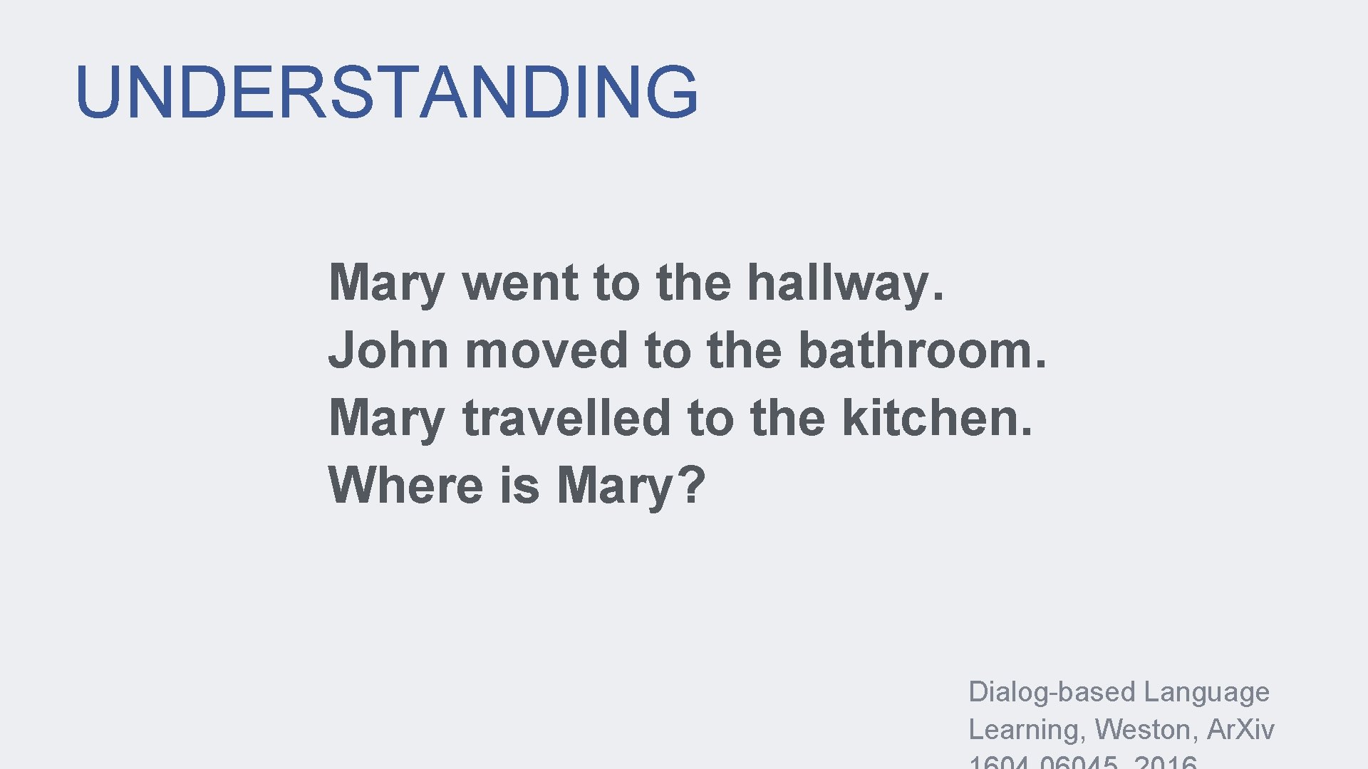 UNDERSTANDING Mary went to the hallway. John moved to the bathroom. Mary travelled to