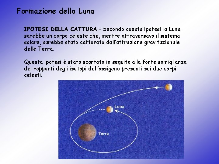 Formazione della Luna IPOTESI DELLA CATTURA – Secondo questa ipotesi la Luna sarebbe un