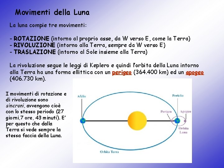 Movimenti della Luna La luna compie tre movimenti: - ROTAZIONE (intorno al proprio asse,