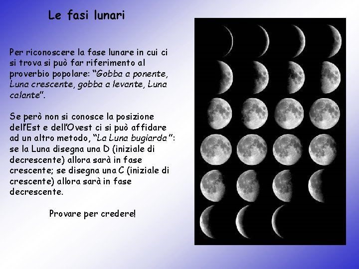 Le fasi lunari Per riconoscere la fase lunare in cui ci si trova si