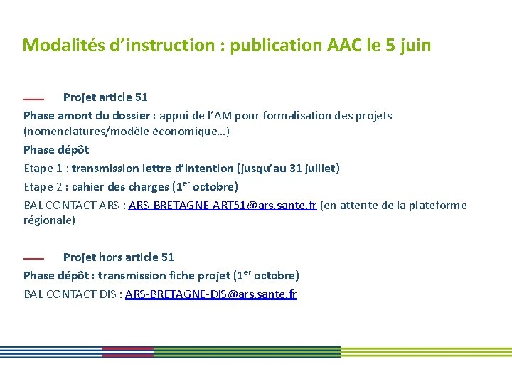 Modalités d’instruction : publication AAC le 5 juin Projet article 51 Phase amont du