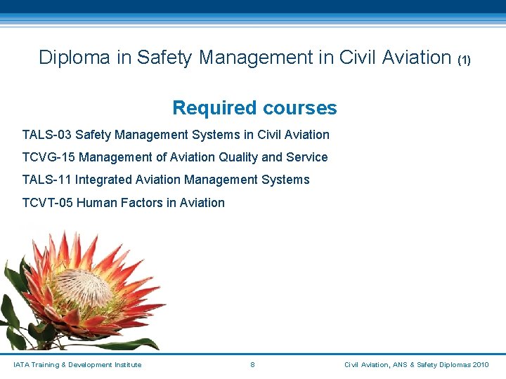 Diploma in Safety Management in Civil Aviation (1) Required courses TALS-03 Safety Management Systems