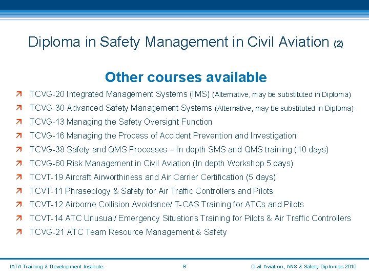 Diploma in Safety Management in Civil Aviation (2) Other courses available ä TCVG-20 Integrated