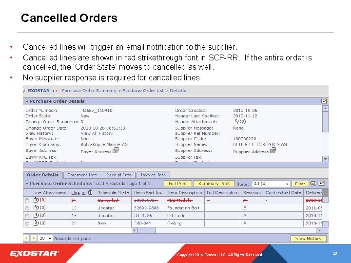 Cancelled Orders • • • Cancelled lines will trigger an email notification to the