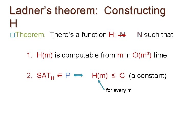 Ladner’s theorem: Constructing H �Theorem. There’s a function H: N N such that 1. Ladner’s theorem: Constructing H �Theorem. There’s a function H: N N such that 1.