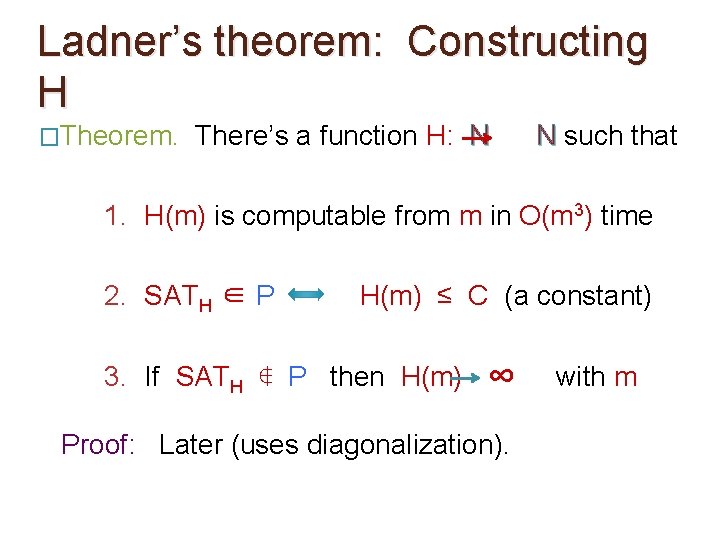 Ladner’s theorem: Constructing H �Theorem. There’s a function H: N N such that 1. Ladner’s theorem: Constructing H �Theorem. There’s a function H: N N such that 1.