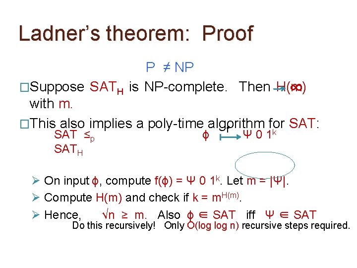 Ladner’s theorem: Proof P ≠ NP �Suppose SATH is NP-complete. Then H(m) ∞ with Ladner’s theorem: Proof P ≠ NP �Suppose SATH is NP-complete. Then H(m) ∞ with