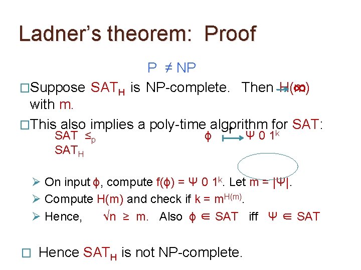 Ladner’s theorem: Proof P ≠ NP �Suppose SATH is NP-complete. Then H(m) ∞ with Ladner’s theorem: Proof P ≠ NP �Suppose SATH is NP-complete. Then H(m) ∞ with