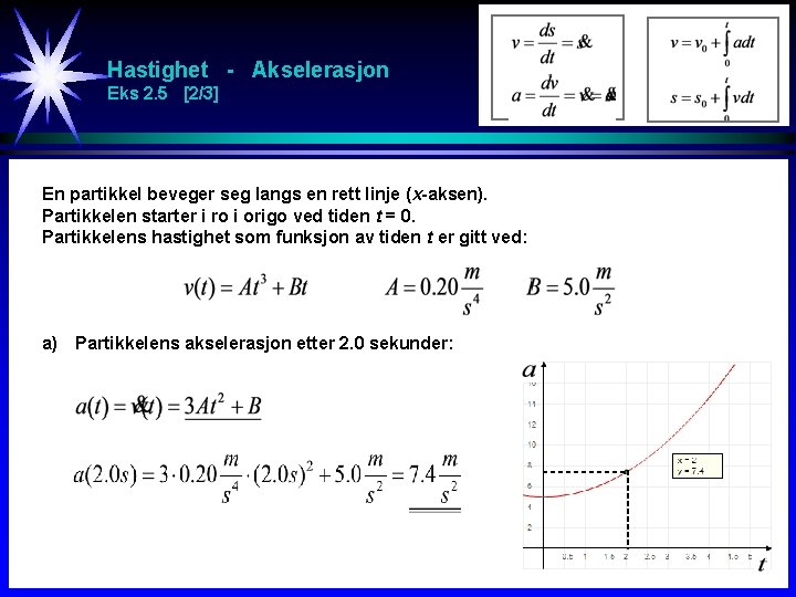 Hastighet - Akselerasjon Eks 2. 5 [2/3] En partikkel beveger seg langs en rett