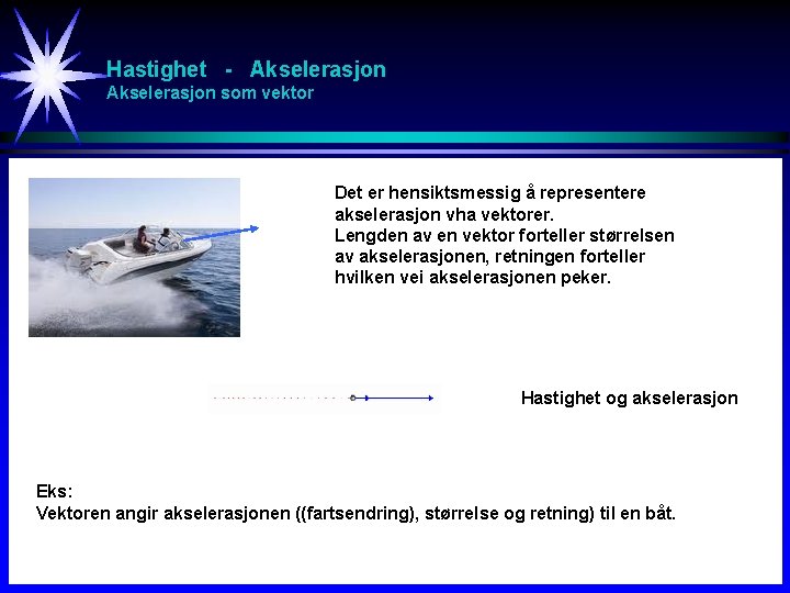 Hastighet - Akselerasjon som vektor Det er hensiktsmessig å representere akselerasjon vha vektorer. Lengden