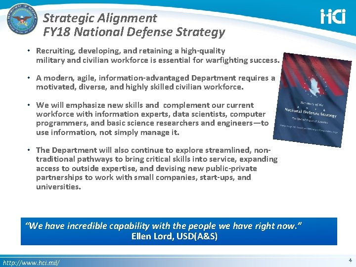 Strategic Alignment FY 18 National Defense Strategy • Recruiting, developing, and retaining a high-quality
