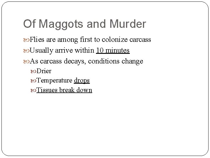 Of Maggots and Murder Flies are among first to colonize carcass Usually arrive within Of Maggots and Murder Flies are among first to colonize carcass Usually arrive within