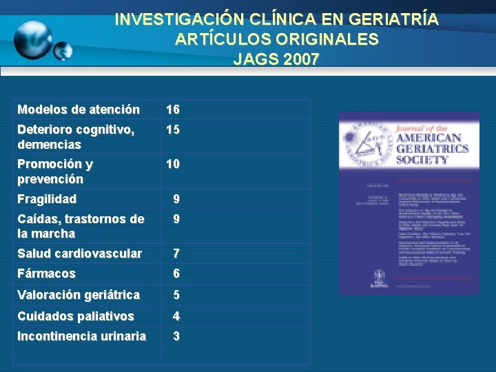 INVESTIGACIÓN CLÍNICA EN GERIATRÍA ARTÍCULOS ORIGINALES JAGS 2007 Modelos de atención 16 Deterioro cognitivo,