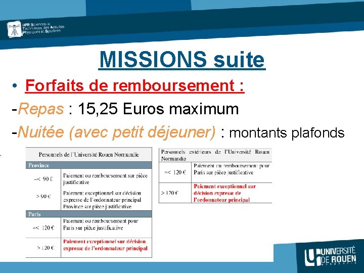 MISSIONS suite • Forfaits de remboursement : -Repas : 15, 25 Euros maximum -Nuitée