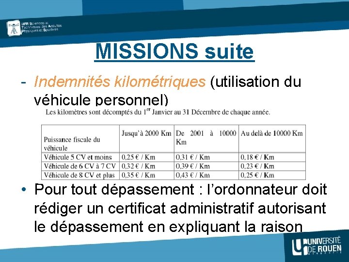 MISSIONS suite - Indemnités kilométriques (utilisation du véhicule personnel) • Pour tout dépassement :