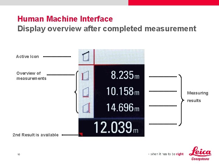 Human Machine Interface Display overview after completed measurement Active Icon Overview of measurements Measuring