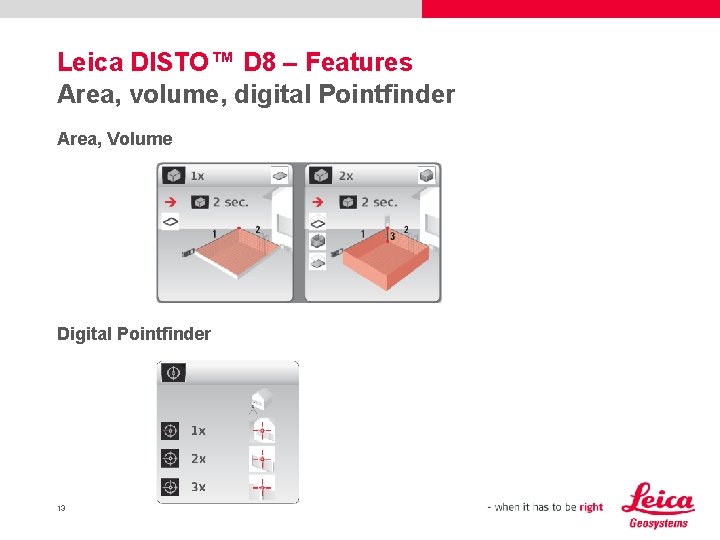 Leica DISTO™ D 8 – Features Area, volume, digital Pointfinder Area, Volume Digital Pointfinder