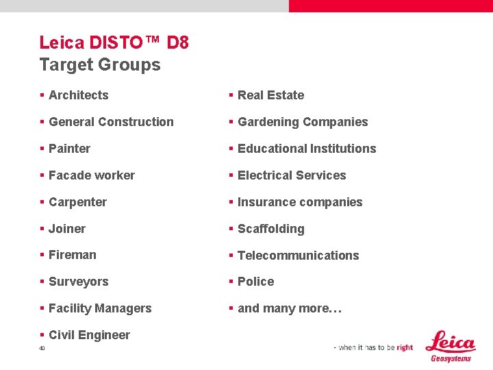 Leica DISTO™ D 8 Target Groups § Architects § Real Estate § General Construction