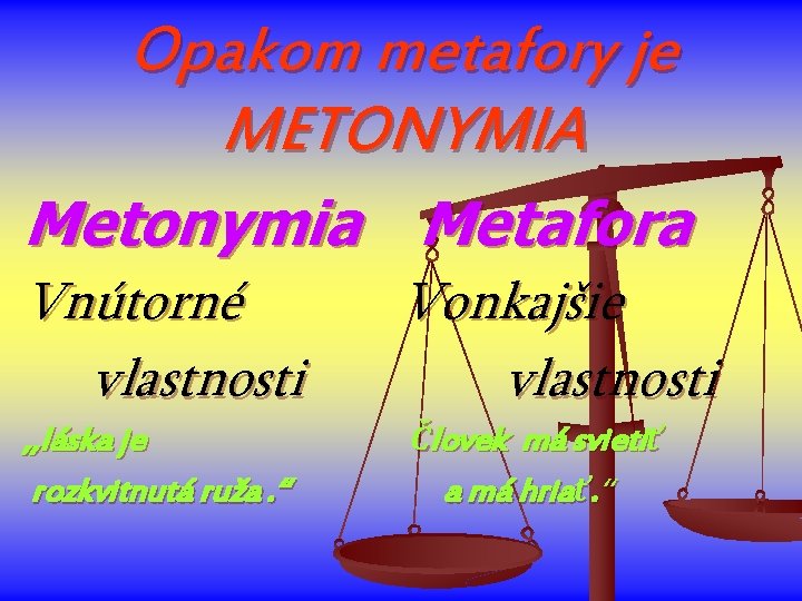 Opakom metafory je METONYMIA Metonymia Metafora Vnútorné vlastnosti Vonkajšie vlastnosti , , láska je