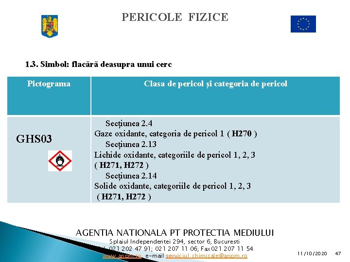 PERICOLE FIZICE 1. 3. Simbol: flacără deasupra unui cerc Pictograma GHS 03 Clasa de