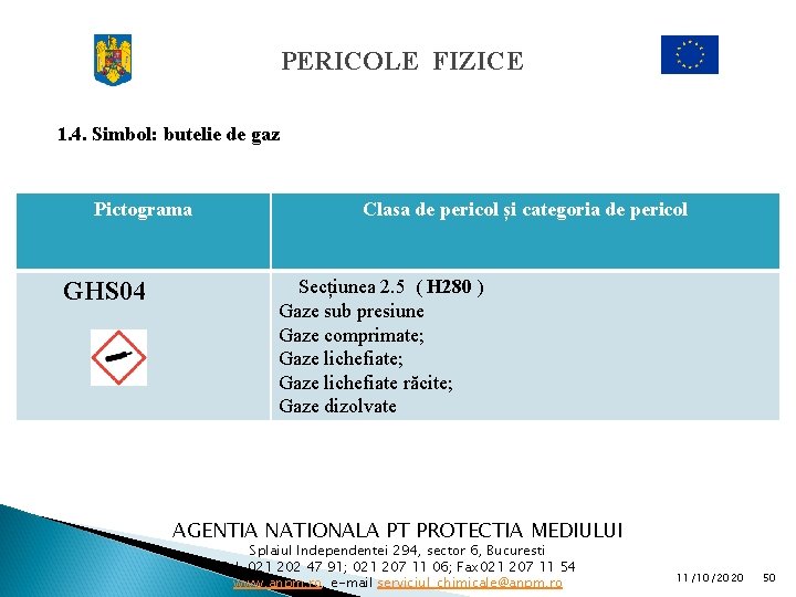 PERICOLE FIZICE 1. 4. Simbol: butelie de gaz Pictograma GHS 04 Clasa de pericol