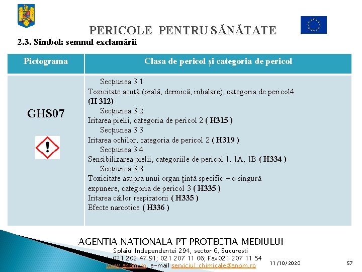 PERICOLE PENTRU SĂNĂTATE 2. 3. Simbol: semnul exclamării Pictograma GHS 07 Clasa de pericol PERICOLE PENTRU SĂNĂTATE 2. 3. Simbol: semnul exclamării Pictograma GHS 07 Clasa de pericol