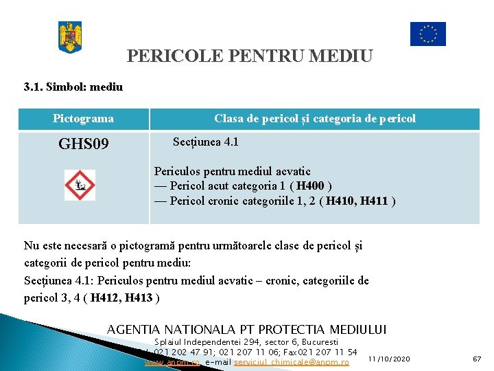 PERICOLE PENTRU MEDIU 3. 1. Simbol: mediu Pictograma GHS 09 Clasa de pericol și