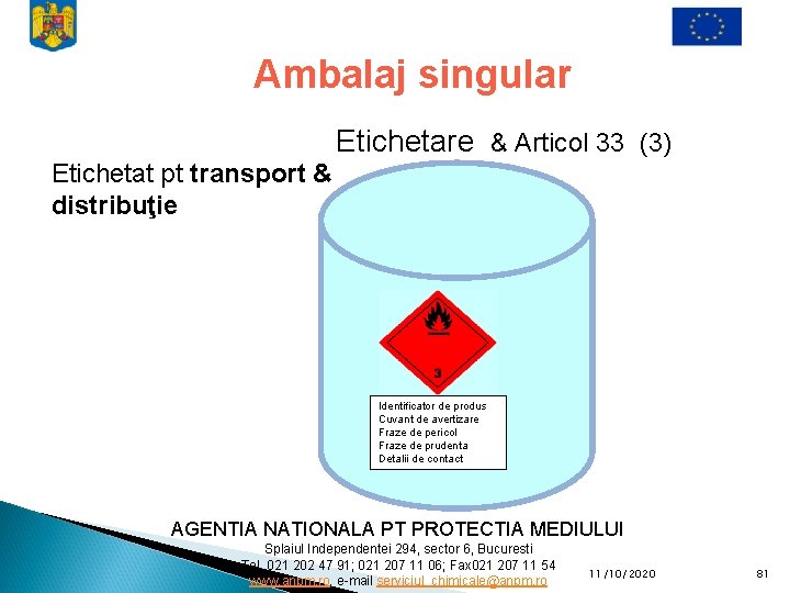 Ambalaj singular Etichetare & Articol 33 (3) Etichetat pt transport & distribuţie Identificator de