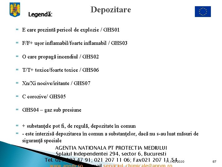 Legendă: Depozitare E care prezintă pericol de explozie / GHS 01 F/F+ uşor inflamabil/foarte