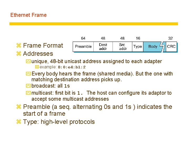 Ethernet Frame z Frame Format z Addresses y unique, 48 -bit unicast address assigned