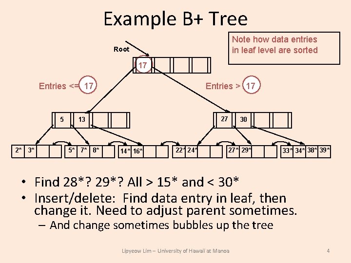 Example B+ Tree Note how data entries in leaf level are sorted Root 17 Example B+ Tree Note how data entries in leaf level are sorted Root 17