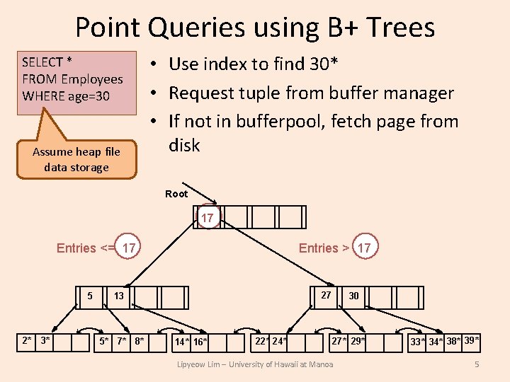 Point Queries using B+ Trees SELECT * FROM Employees WHERE age=30 Assume heap file Point Queries using B+ Trees SELECT * FROM Employees WHERE age=30 Assume heap file