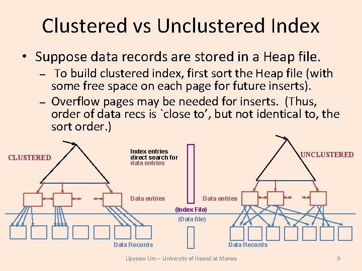 Clustered vs Unclustered Index • Suppose data records are stored in a Heap file. Clustered vs Unclustered Index • Suppose data records are stored in a Heap file.