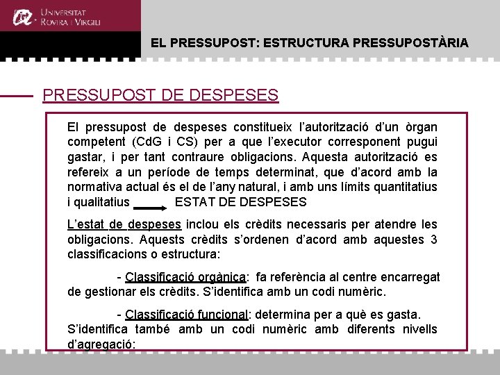 EL PRESSUPOST: ESTRUCTURA PRESSUPOSTÀRIA PRESSUPOST DE DESPESES El pressupost de despeses constitueix l’autorització d’un EL PRESSUPOST: ESTRUCTURA PRESSUPOSTÀRIA PRESSUPOST DE DESPESES El pressupost de despeses constitueix l’autorització d’un