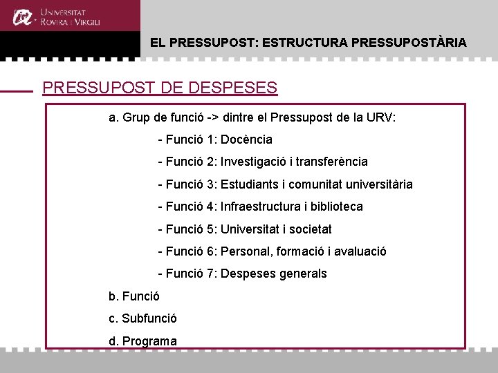EL PRESSUPOST: ESTRUCTURA PRESSUPOSTÀRIA PRESSUPOST DE DESPESES a. Grup de funció -> dintre el EL PRESSUPOST: ESTRUCTURA PRESSUPOSTÀRIA PRESSUPOST DE DESPESES a. Grup de funció -> dintre el