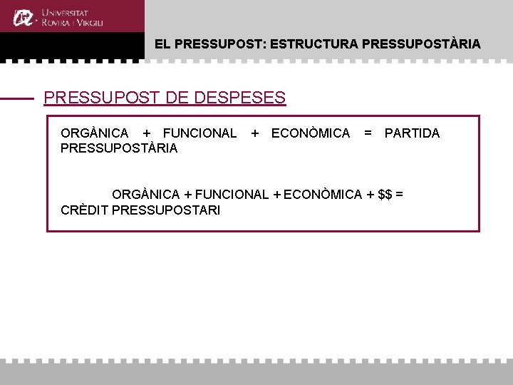 EL PRESSUPOST: ESTRUCTURA PRESSUPOSTÀRIA PRESSUPOST DE DESPESES ORGÀNICA + FUNCIONAL PRESSUPOSTÀRIA + ECONÒMICA = EL PRESSUPOST: ESTRUCTURA PRESSUPOSTÀRIA PRESSUPOST DE DESPESES ORGÀNICA + FUNCIONAL PRESSUPOSTÀRIA + ECONÒMICA =