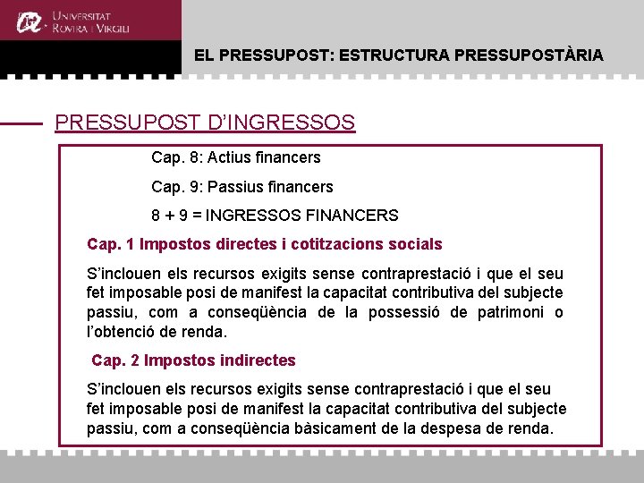 EL PRESSUPOST: ESTRUCTURA PRESSUPOSTÀRIA PRESSUPOST D’INGRESSOS Cap. 8: Actius financers Cap. 9: Passius financers EL PRESSUPOST: ESTRUCTURA PRESSUPOSTÀRIA PRESSUPOST D’INGRESSOS Cap. 8: Actius financers Cap. 9: Passius financers
