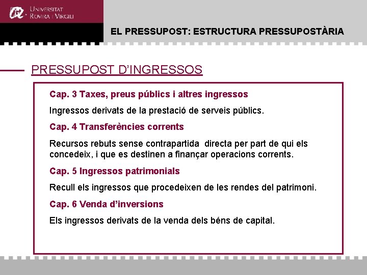 EL PRESSUPOST: ESTRUCTURA PRESSUPOSTÀRIA PRESSUPOST D’INGRESSOS Cap. 3 Taxes, preus públics i altres ingressos EL PRESSUPOST: ESTRUCTURA PRESSUPOSTÀRIA PRESSUPOST D’INGRESSOS Cap. 3 Taxes, preus públics i altres ingressos