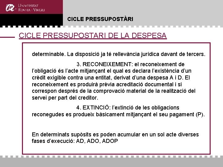 CICLE PRESSUPOSTÀRI CICLE PRESSUPOSTARI DE LA DESPESA determinable. La disposició ja té rellevància jurídica CICLE PRESSUPOSTÀRI CICLE PRESSUPOSTARI DE LA DESPESA determinable. La disposició ja té rellevància jurídica