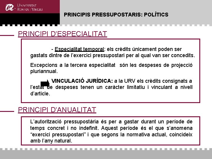 PRINCIPIS PRESSUPOSTARIS: POLÍTICS PRINCIPI D’ESPECIALITAT - Especialitat temporal: els crèdits únicament poden ser gastats PRINCIPIS PRESSUPOSTARIS: POLÍTICS PRINCIPI D’ESPECIALITAT - Especialitat temporal: els crèdits únicament poden ser gastats