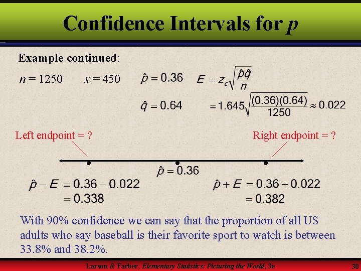 Confidence Intervals for p Example continued: n = 1250 x = 450 Left endpoint