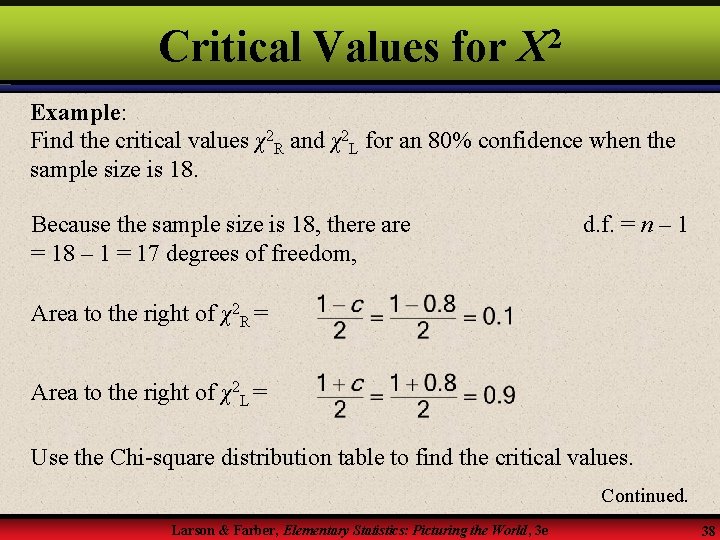 Critical Values for 2 X Example: Find the critical values χ2 R and χ2