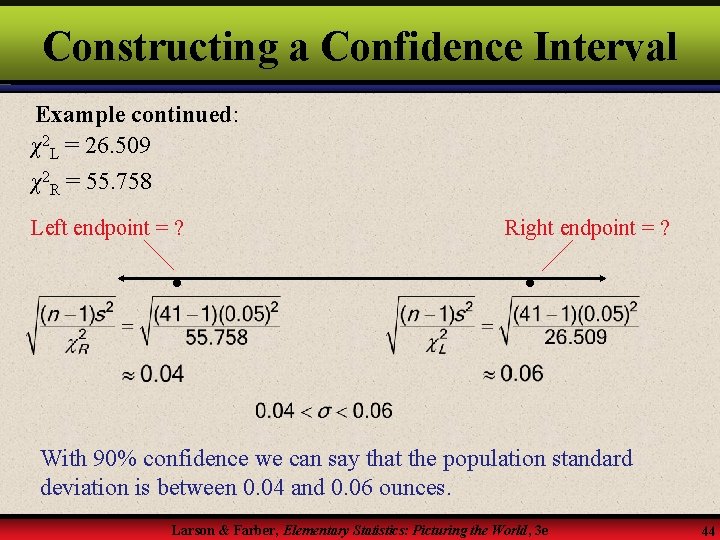 Constructing a Confidence Interval Example continued: χ2 L = 26. 509 χ2 R =