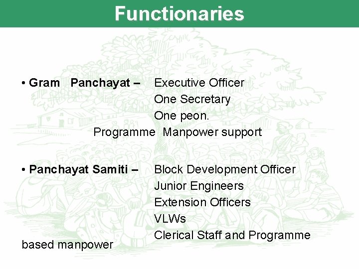 Functionaries • Gram Panchayat – Executive Officer One Secretary One peon. Programme Manpower support