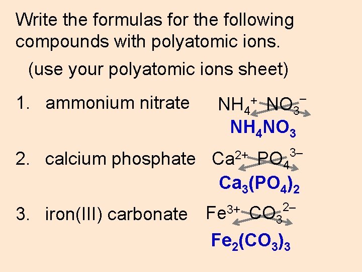 Write the formulas for the following compounds with polyatomic ions. (use your polyatomic ions