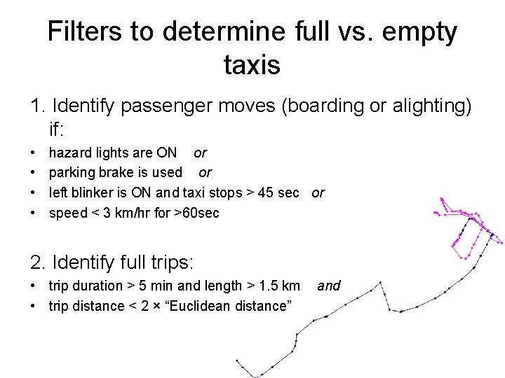 Filters to determine full vs. empty taxis 1. Identify passenger moves (boarding or alighting)