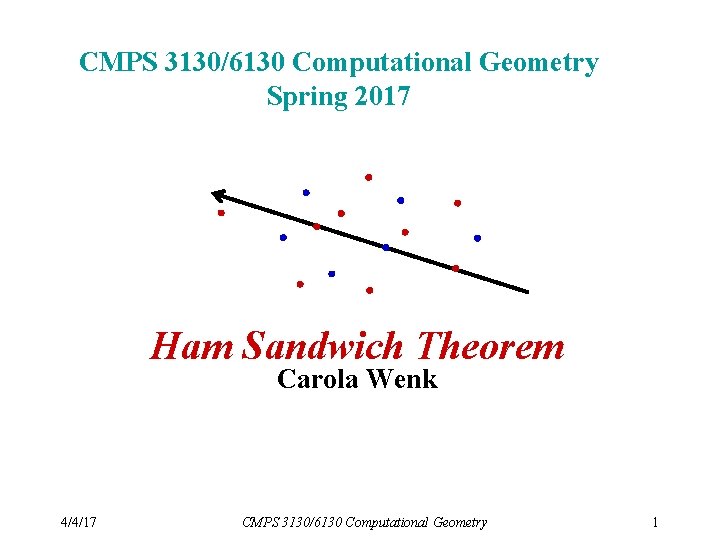 CMPS 3130/6130 Computational Geometry Spring 2017 Ham Sandwich Theorem Carola Wenk 4/4/17 CMPS 3130/6130